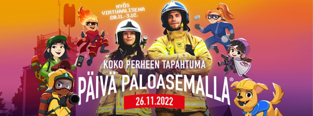 Päivä paloasemalla -kampanjakuvassa kaksi pelastajaa ja lasten suosimia piirroshahmoja, kuten esimerkiksi Ryhmä Hau -piirrossarjan hahmo. 