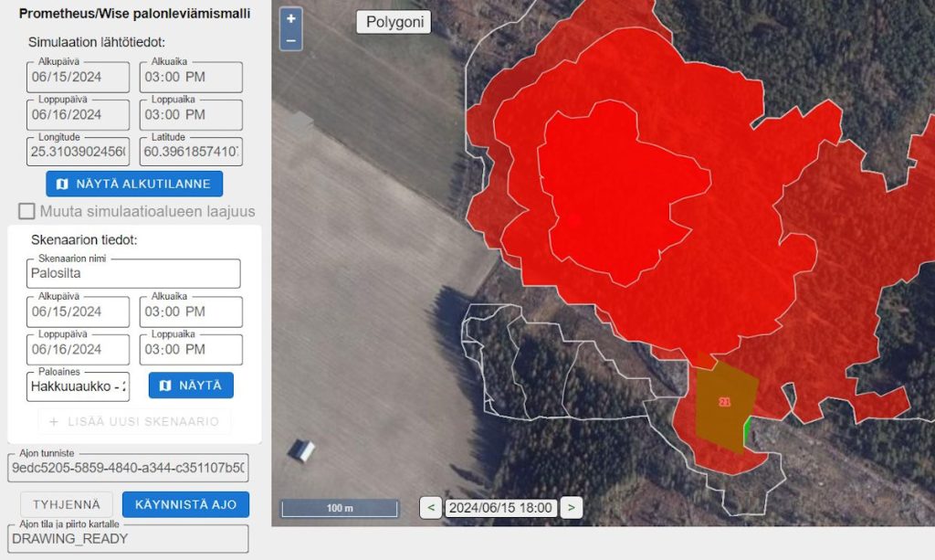 Kuvassa Prometheus/Wise palonleviämismalli, jossa simulaation lähtötietoina alkupäivä- ja aika, loppupäivä- ja aika sekä leveys- ja pituuspiirit. Mallissa näkyy myös skenaarion tiedot, tässä tapauksessa skenaariona palosilta, alku- ja loppuajankohtineen. Skenaariossa määritetään myös paloaines, joka on tässä tapauksessa hakkuuaukko. 