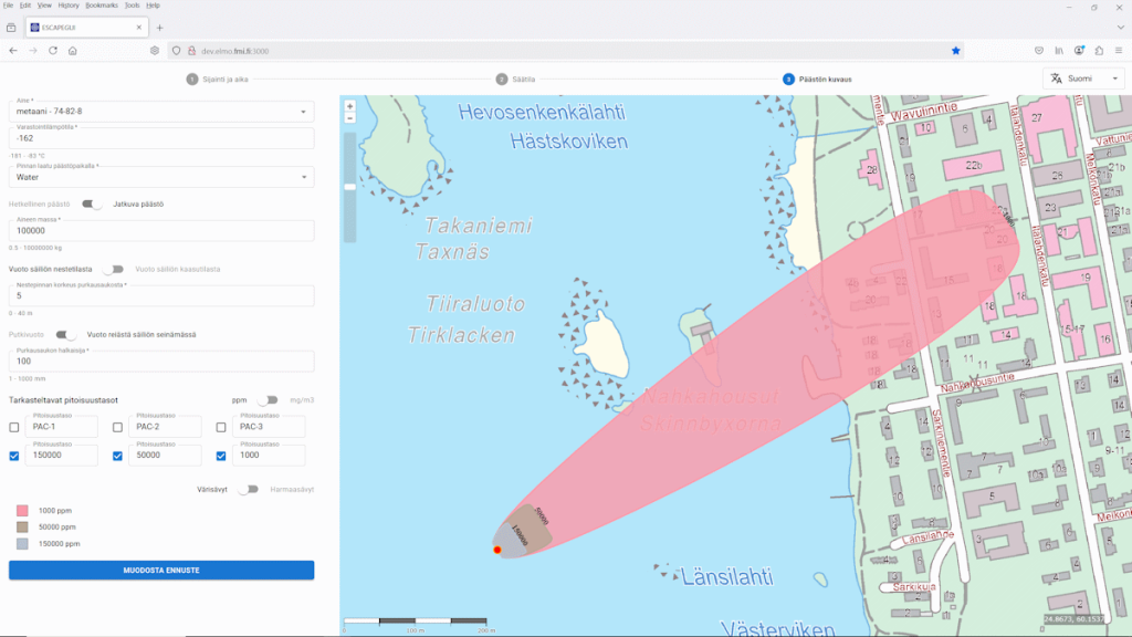Mallinnus näytetään kartalla. Kartta on rannikkoalueelta, jossa  näkyy vesistöä, saaria ja asutettua manneraluetta. 